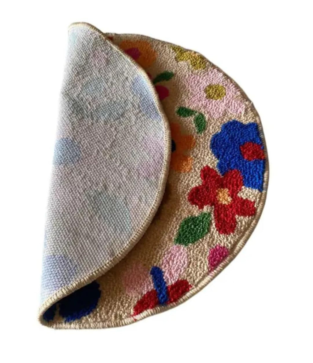 Round Floral Door Mat, Multicolor Flower Pattern, Entryway Rug, Boho Style