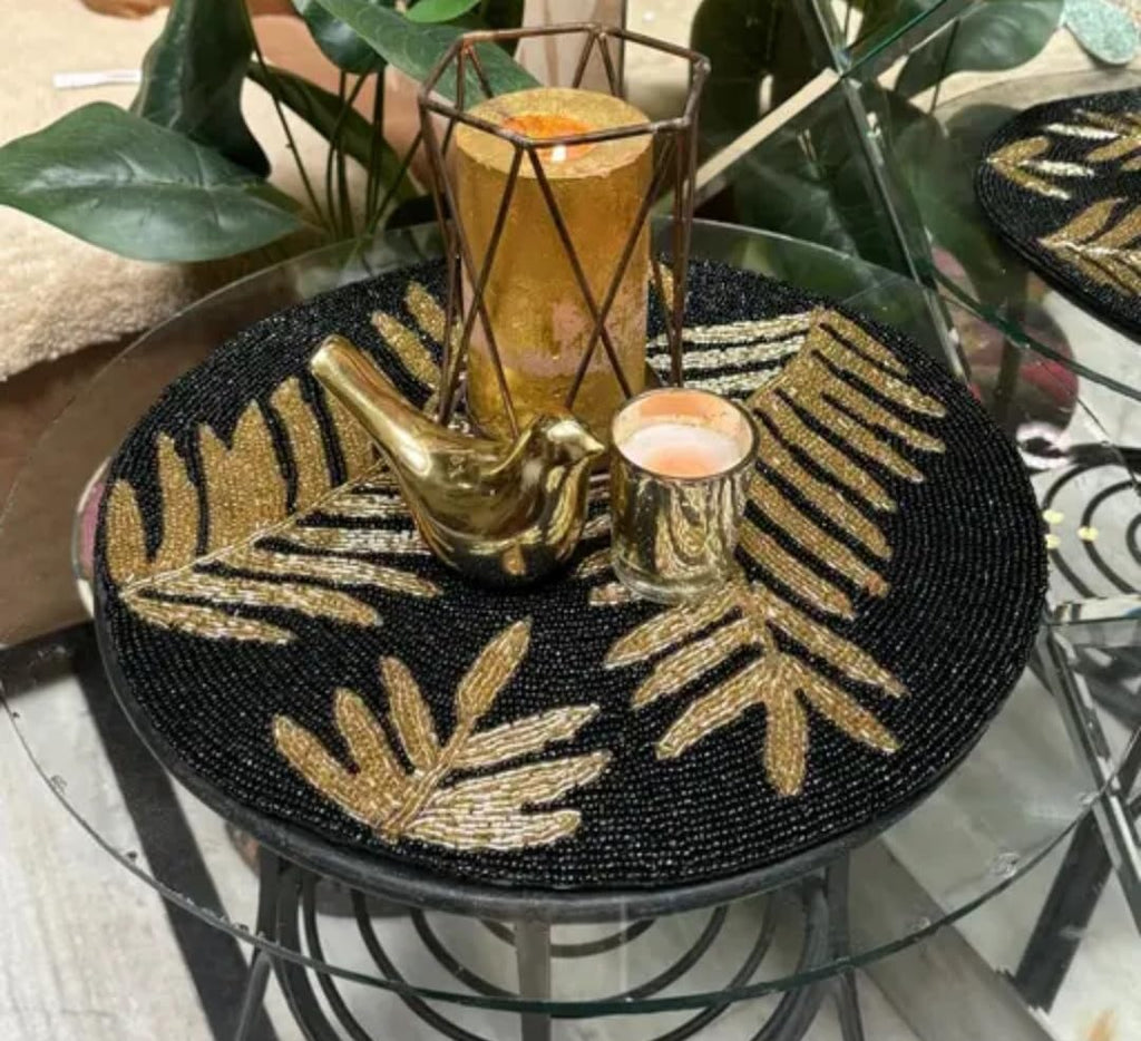 Beaded Round Placemat, Black and Gold, Leaf Design, Handcrafted Table Decor