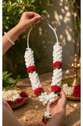 Crochet Floral Garland with White Jasmine, Red Roses, and Green Accents, Wedding Varmala