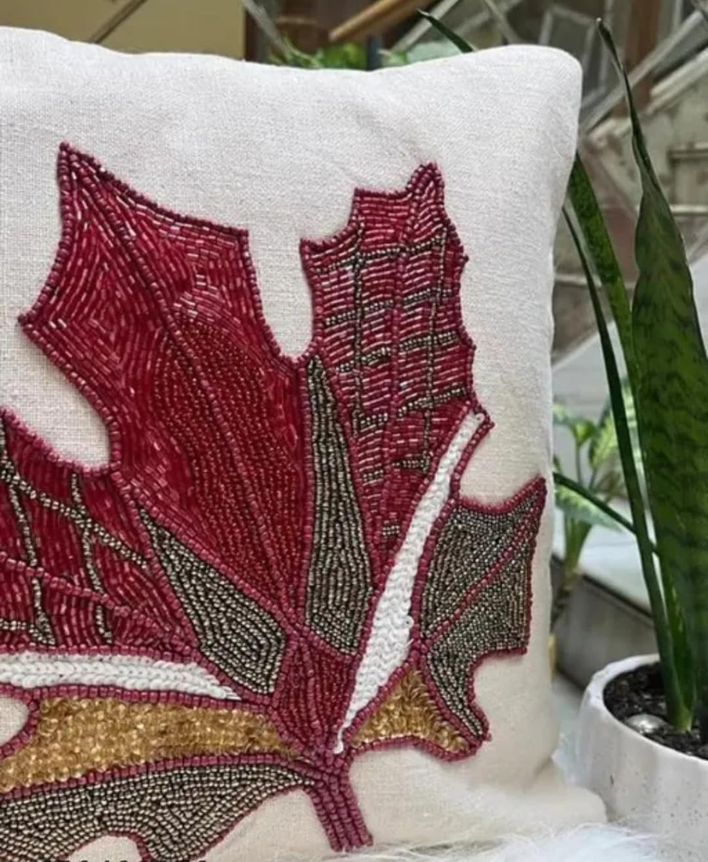 Beaded Maple Leaf Throw Pillow Cover, Ivory, Handcrafted Embroidered Cushion, Autumn Botanical Theme