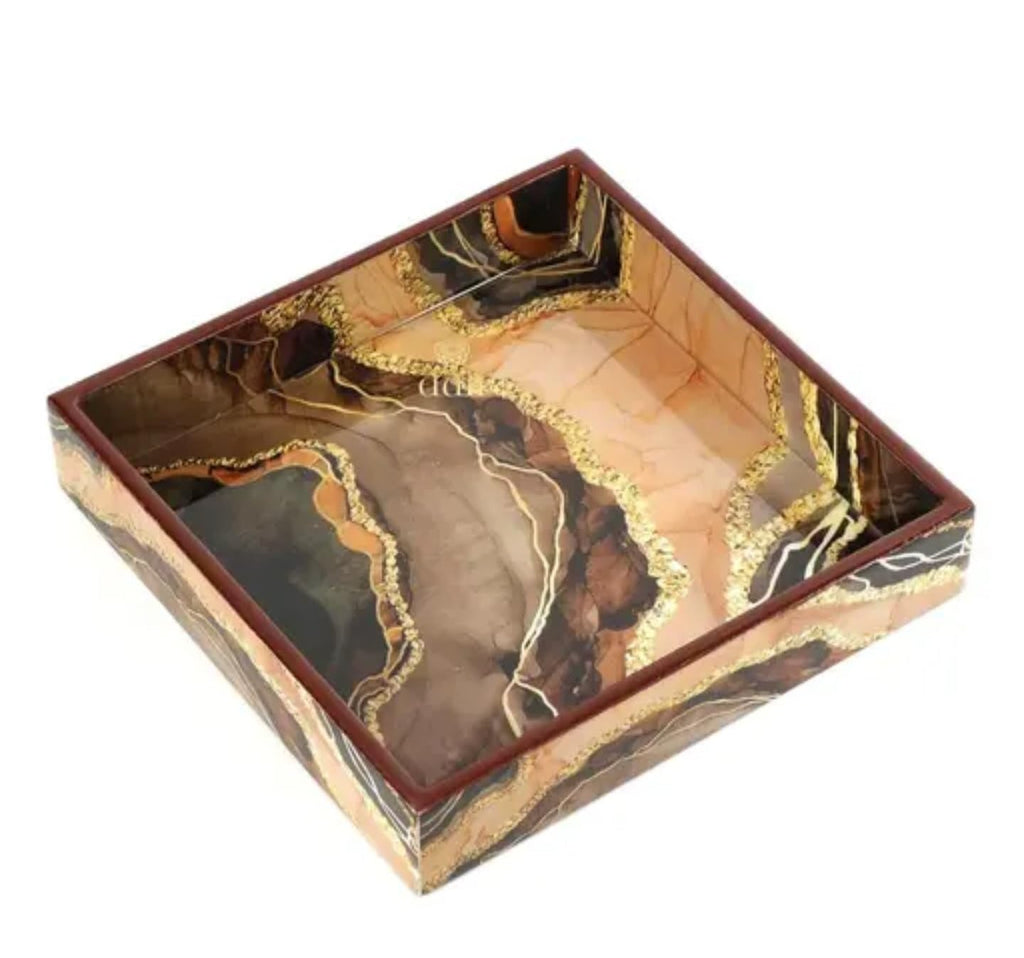 Decorative Resin Serving Tray with Gold Marble Pattern, Brown and Gold, Rectangle Shape, Modern Design