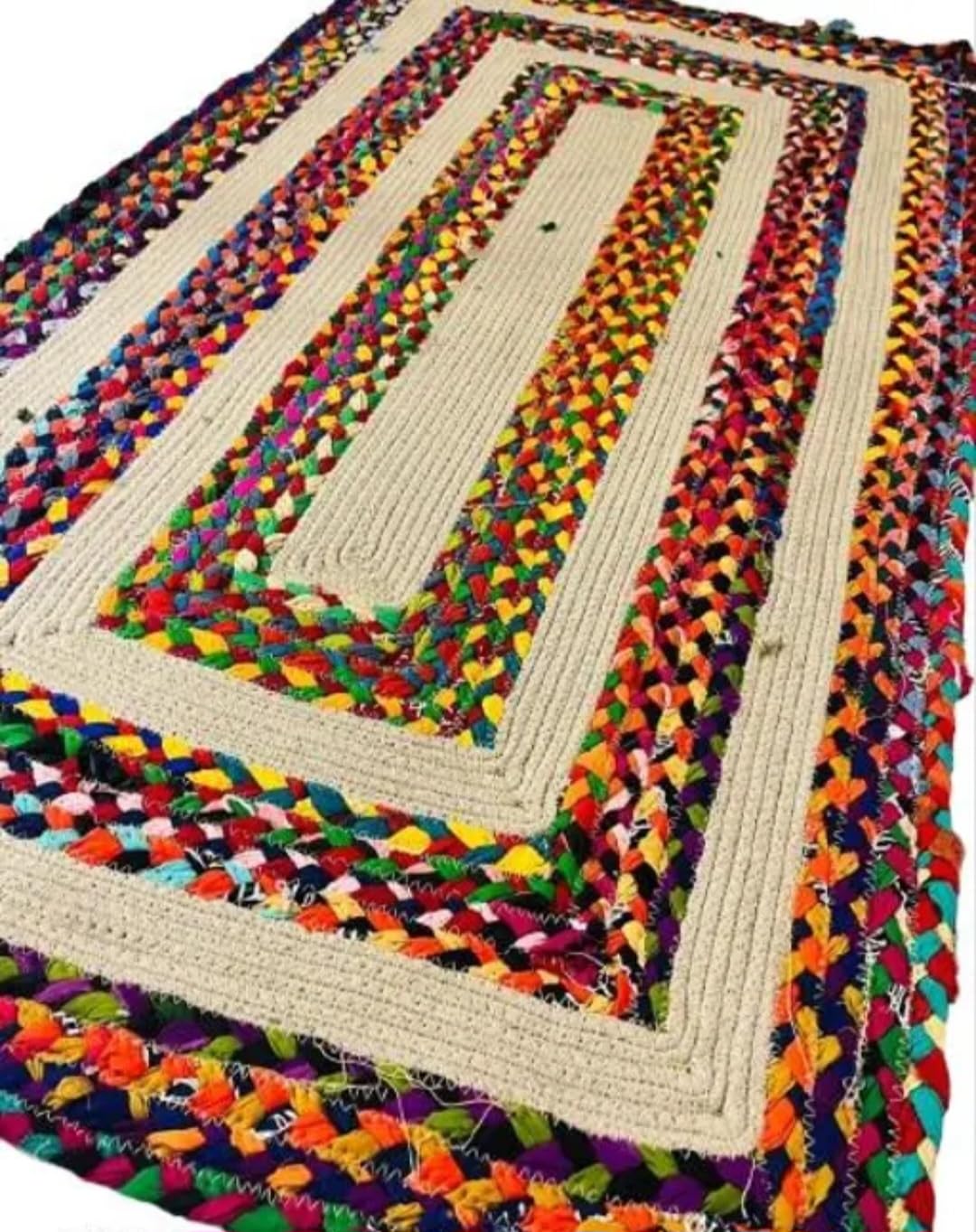 Braided Jute and Cotton Rug, Multicolor, Rectangular, Bohemian Style, Handmade Area Rug