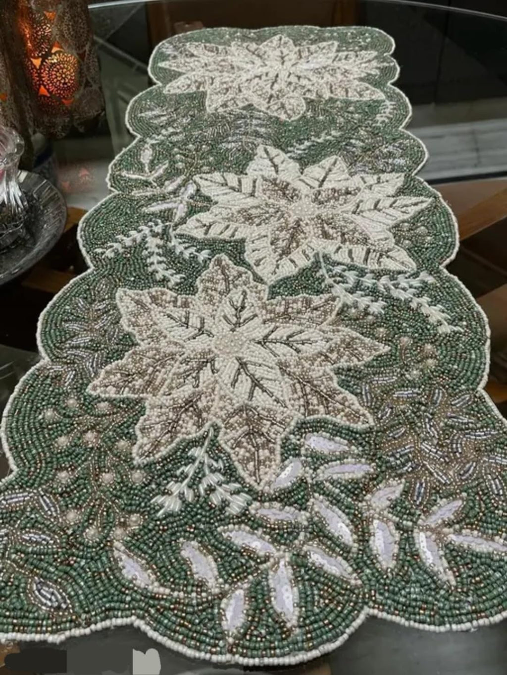 Beaded Table Runner, Green and White, Floral Poinsettia Design, Scalloped Edge, Holiday Decor