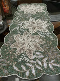Beaded Table Runner, Green and White, Floral Poinsettia Design, Scalloped Edge, Holiday Decor