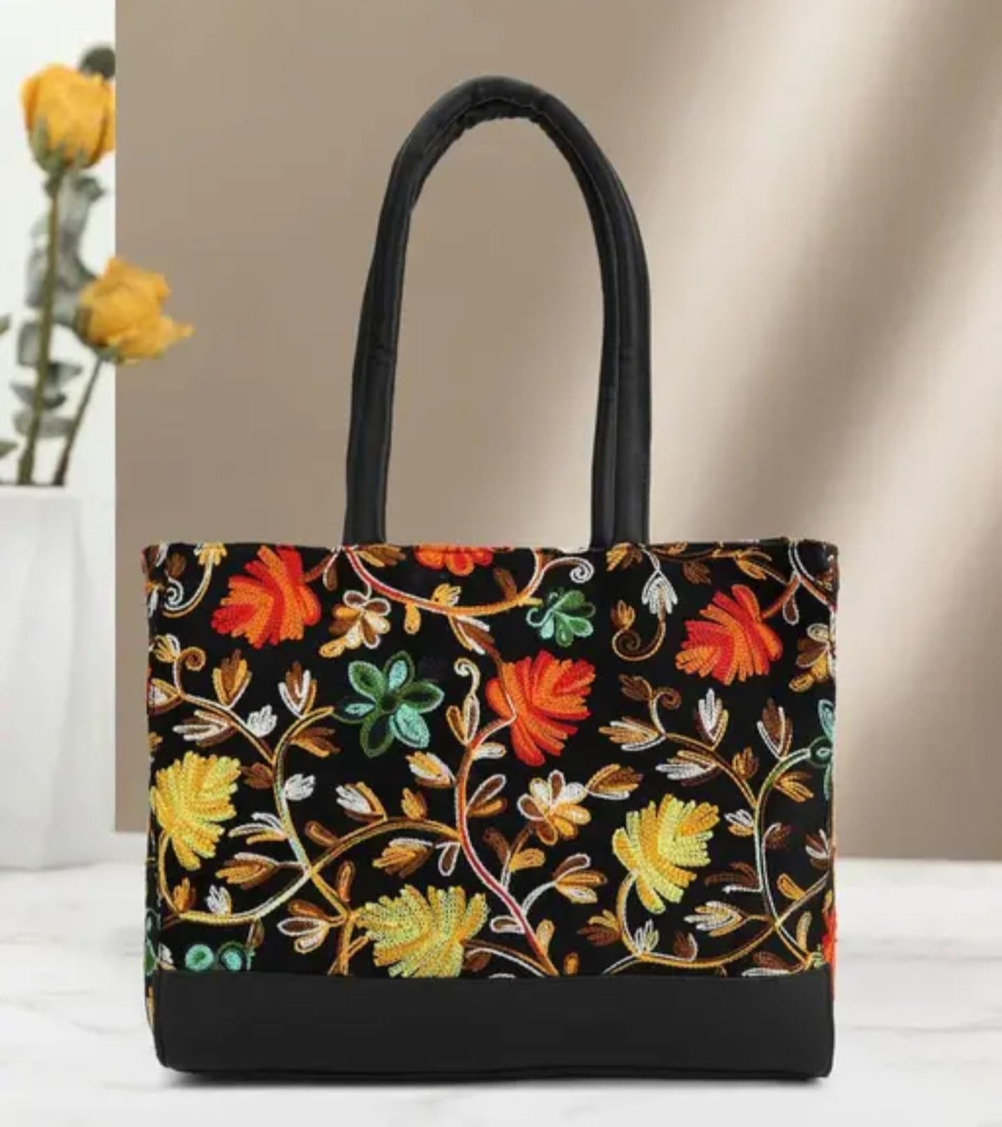 Kashmiri traditional Embroidered Handbag,Floral Embroidered Tote Bag, Black with Orange and Yellow Flowers, Double Handle