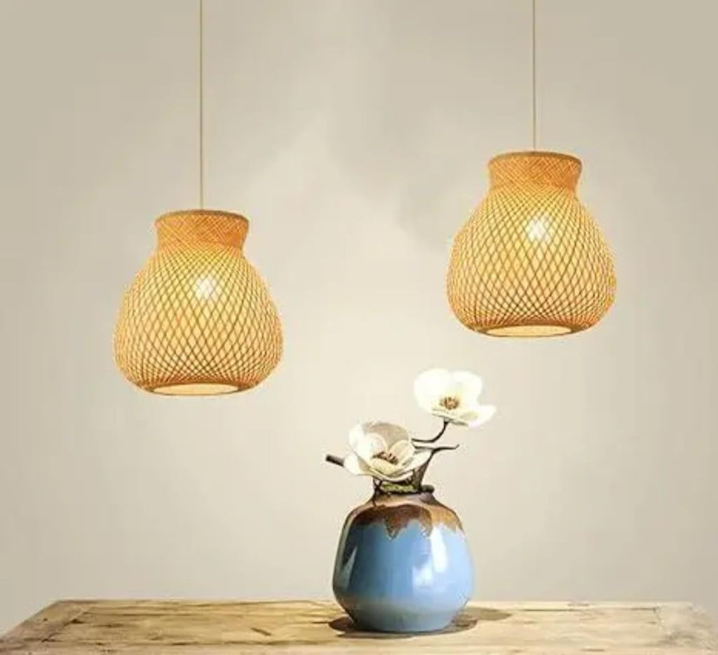 Bamboo Woven Pendant Light, Natural, Handcrafted Lattice Design, Hanging Lamp Shade