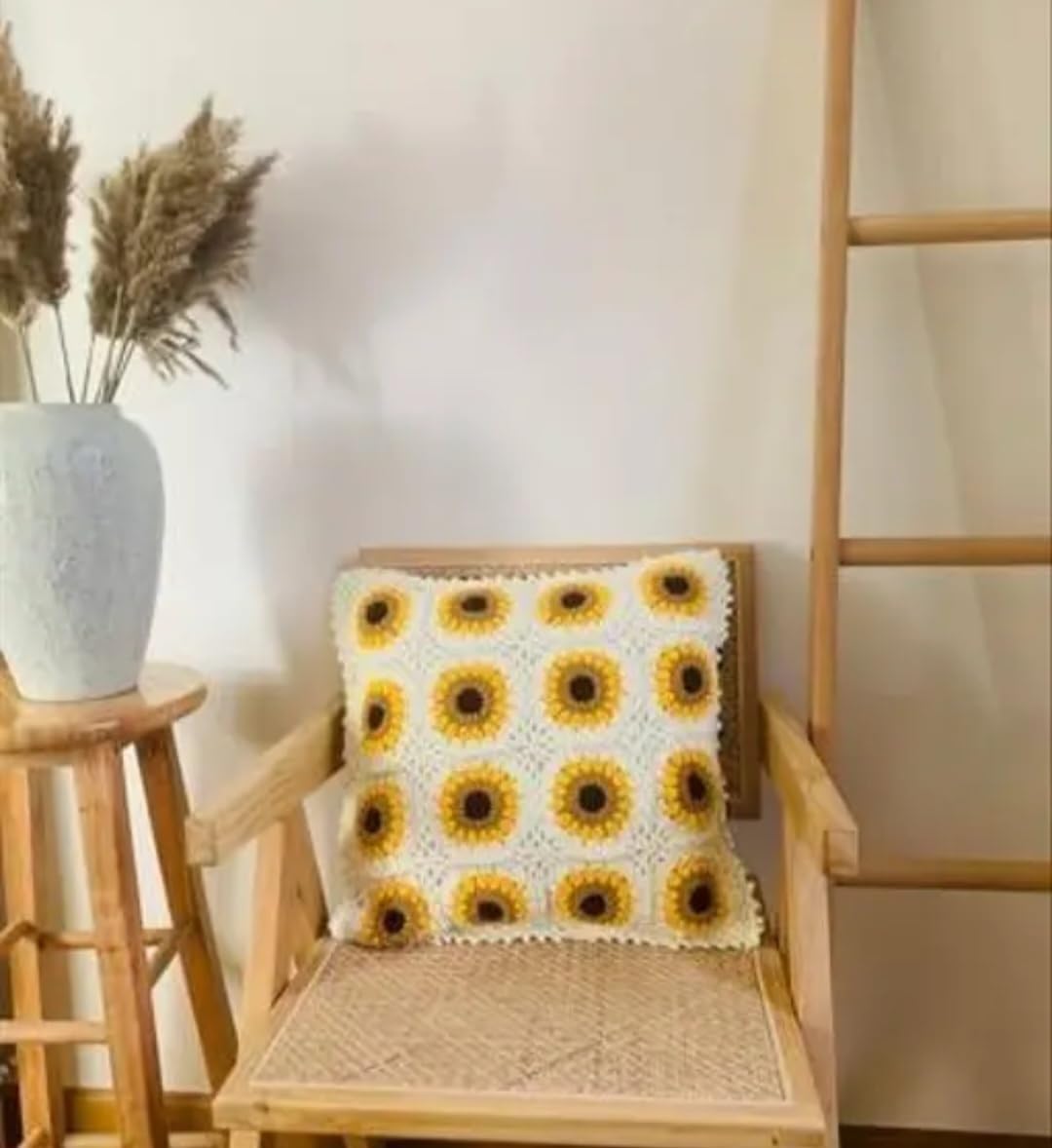 Crochet Sunflower Throw Pillow Cover, White and Yellow, Floral Granny Square, Boho Home Decor