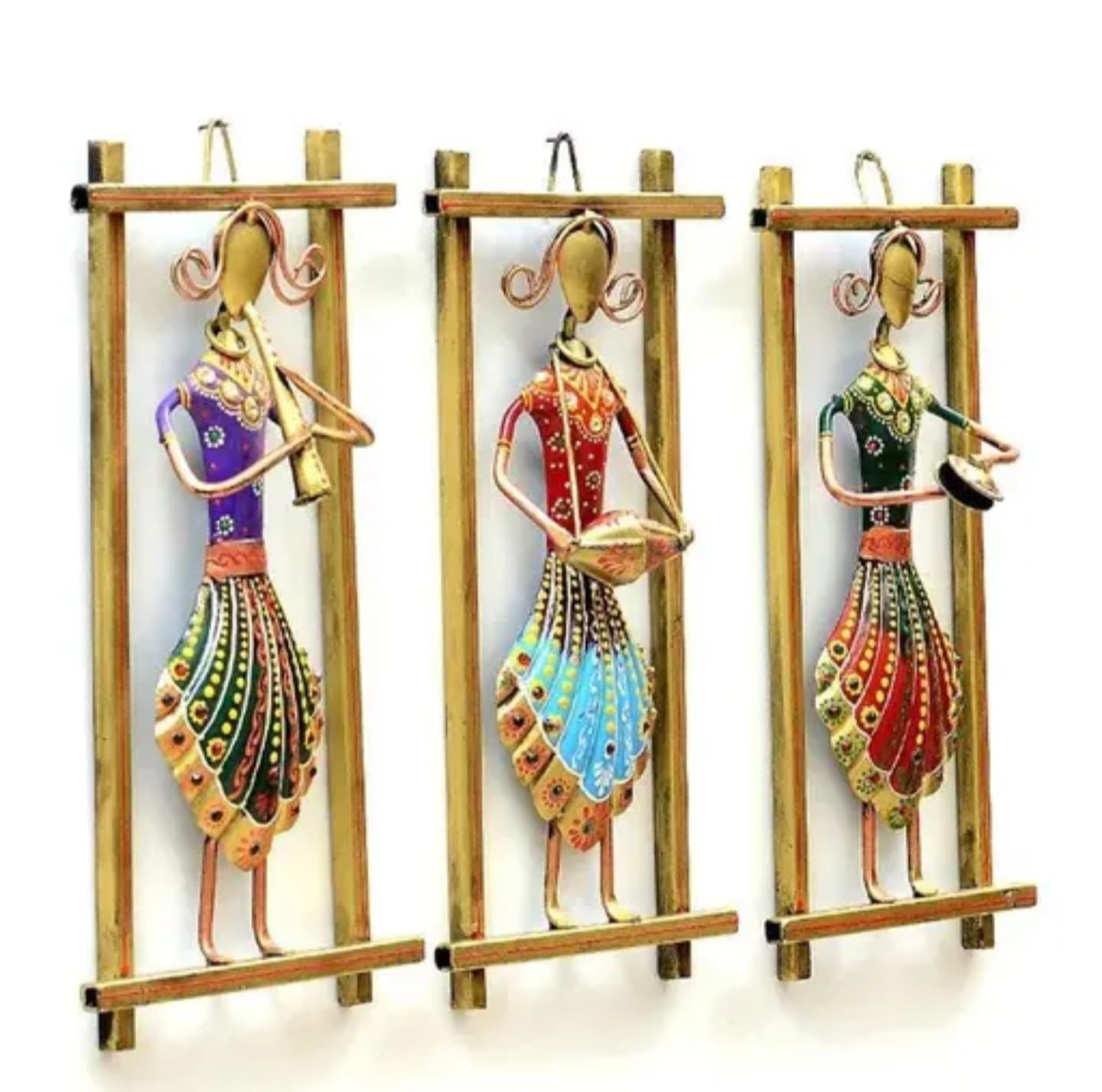 Decorative Wall Art Musicians Set, Handcrafted Metal Dancing Figures, Multicolour Traditional Design, 3-Panel Wall Hanging