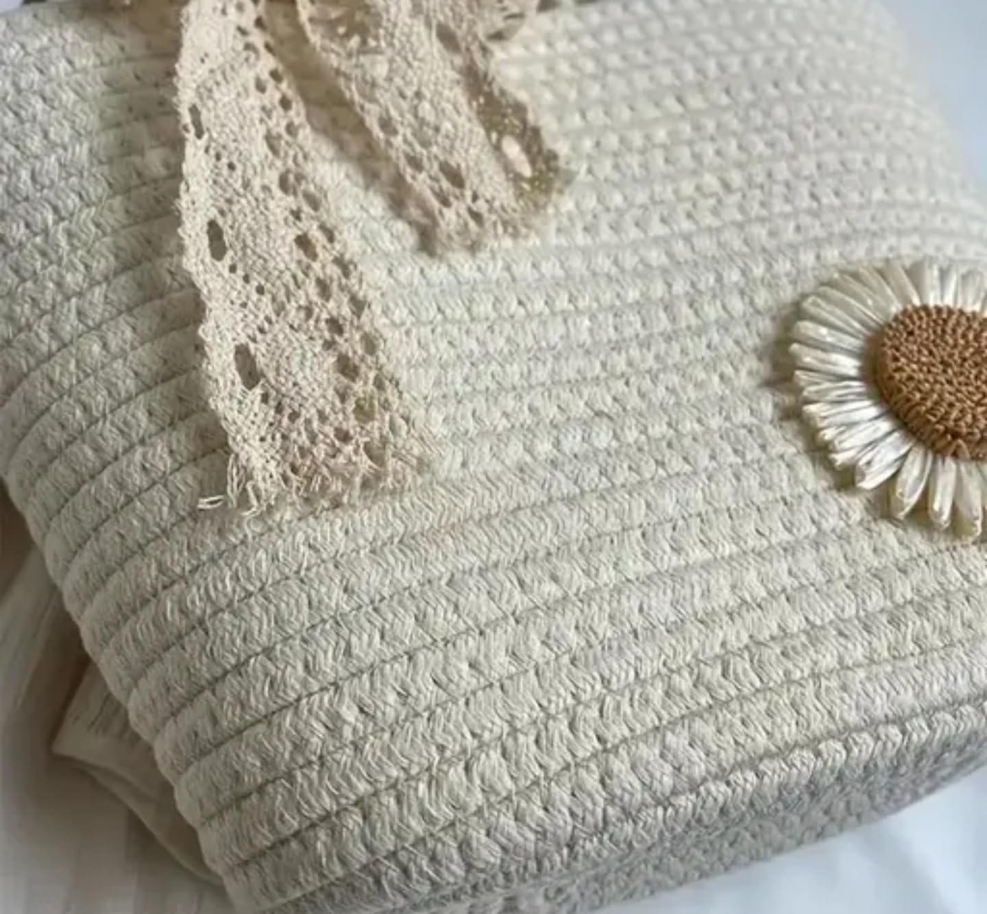 Decorative Cotton Rope Storage Basket with Lace Trim and Sunflower Accent, White, Handwoven