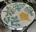 Beaded Round Placemat, Coral Reef Design, Teal and Gold on White, Handcrafted Table Decor