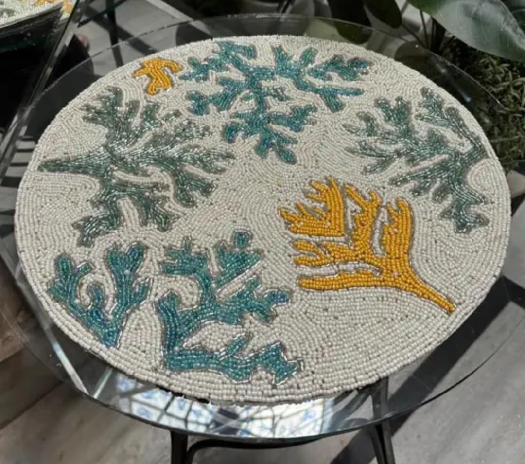 Beaded Round Placemat, Coral Reef Design, Teal and Gold on White, Handcrafted Table Decor