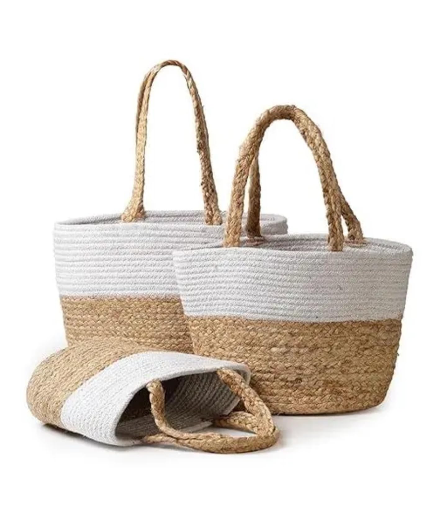Woven Rope Storage Basket Set, Natural Jute and Cotton, Two-Tone White and Beige, Braided Handles