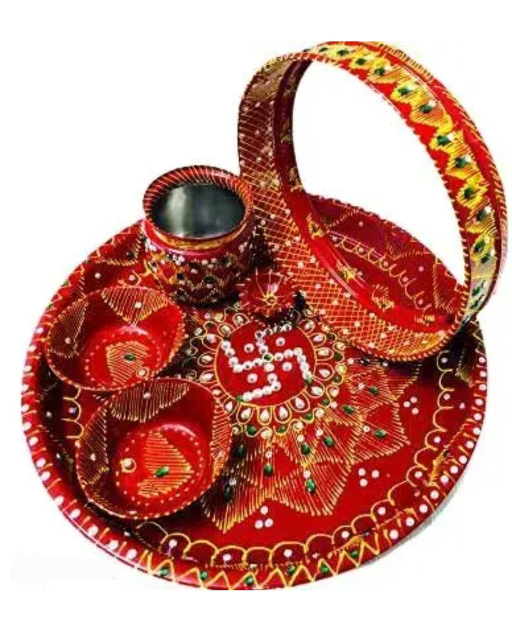Traditional Handcrafted pooja thali, Red and Gold, Metal, Embellished with Mirror Work, Ethnic Floral Pattern, pooja samagri