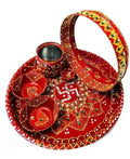 Traditional Handcrafted pooja thali, Red and Gold, Metal, Embellished with Mirror Work, Ethnic Floral Pattern, pooja samagri
