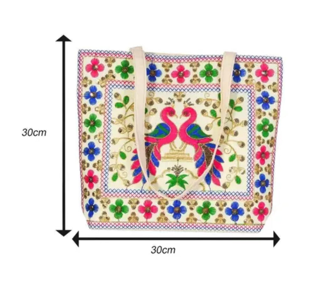 Decorative Canvas Tote Bag with Floral and Bird Embroidery, Beige with Pink and Blue Pattern, eco-friendly