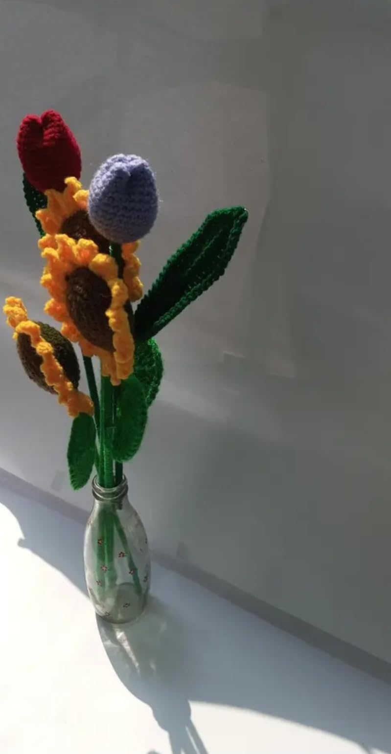 Handmade Crochet Flower Bouquet, Sunflowers and Tulips, Knitted Yarn, Home Decor