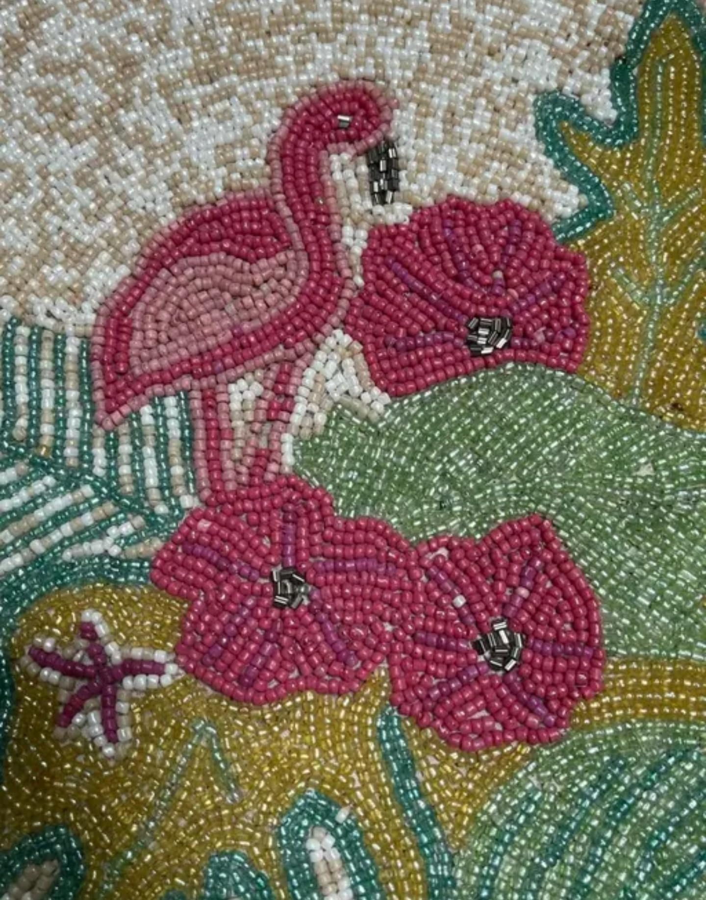 Handcrafted Beaded Placemat, Tropical Floral Design, Round Table Mat with Pink Flowers, Green Leaves, Turquoise Accents, White Pearl Base