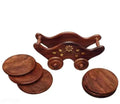Wooden Coaster Set with Holder, Brown, Handcrafted with Floral Inlay Design, 4 Round Coasters