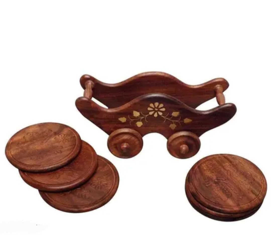 Wooden Coaster Set with Holder, Brown, Handcrafted with Floral Inlay Design, 4 Round Coasters