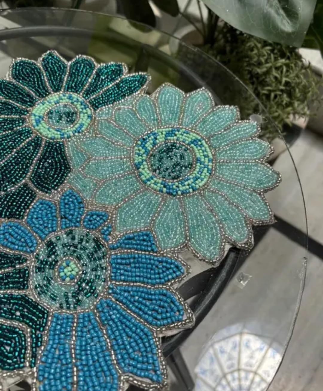 Beaded Daisy Flower Table Mat, Teal and Blue, Handcrafted Floral Placemat, Decorative Home Accent