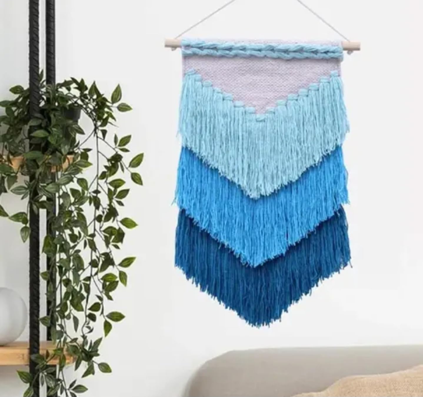 Boho Macrame Wall Hanging, Blue Ombre Fringe Tapestry, Woven Wall Decor
