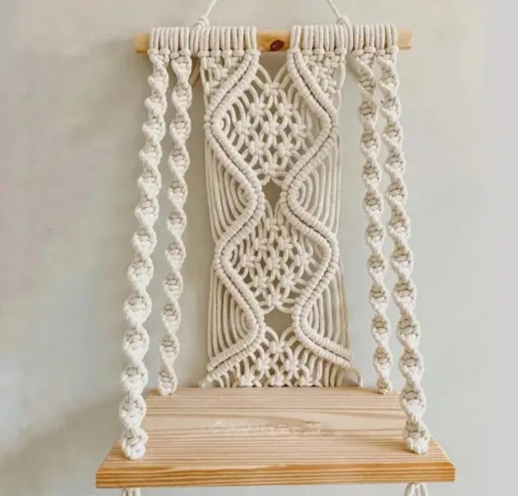 Handcrafted Macrame Wall Shelf, Wooden Hanging Swing Shelf with Decorative Rope Pattern, Natural Cotton and Pine Wood