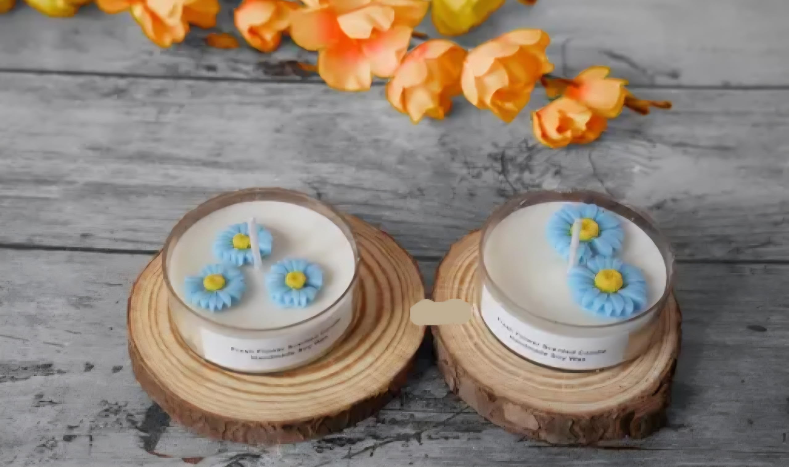Daisy Flower Botanical Candle, Blue and White, Handmade Floral Design, Set of 4