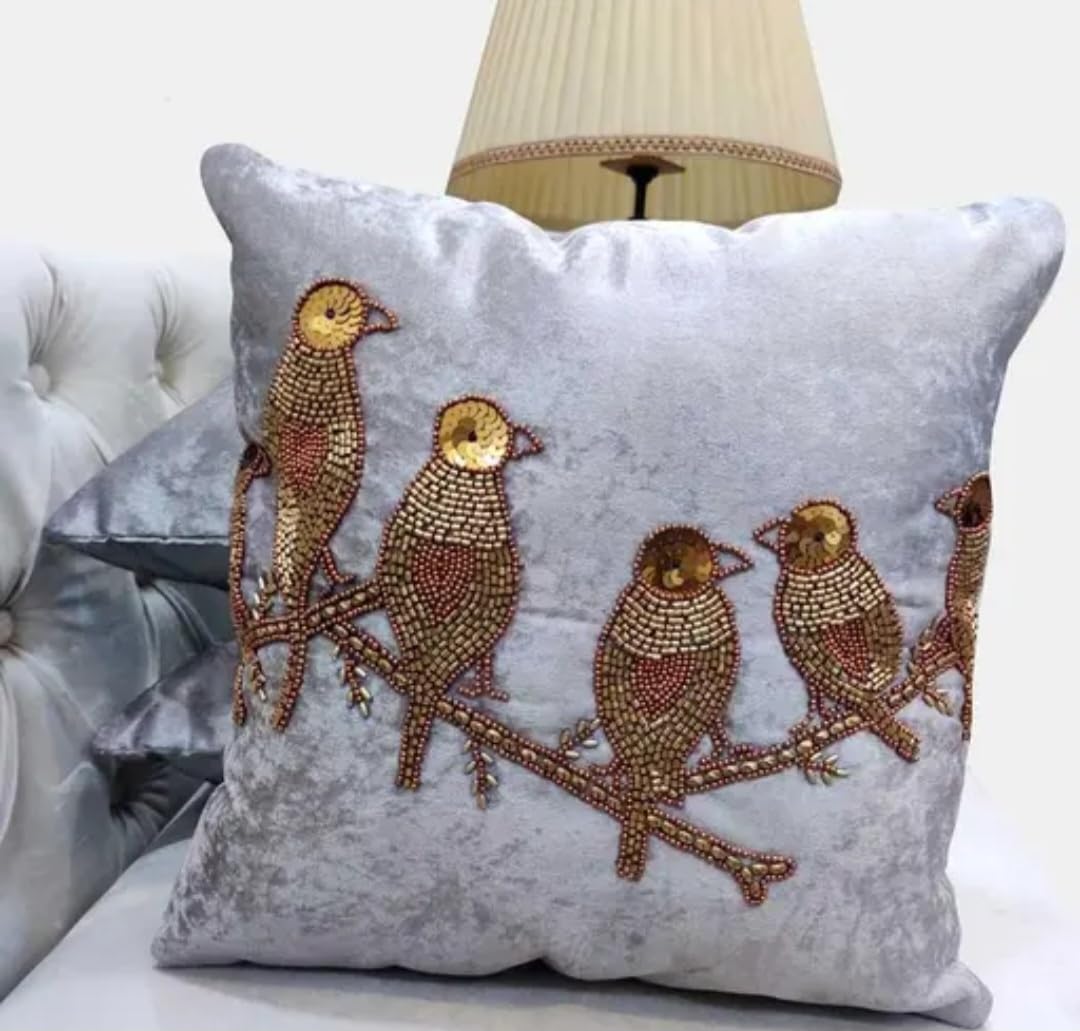 Handmade Velvet Throw Pillow Cover with Gold Beaded Bird on Branch Embroidery, Silver, Decorative Cushion