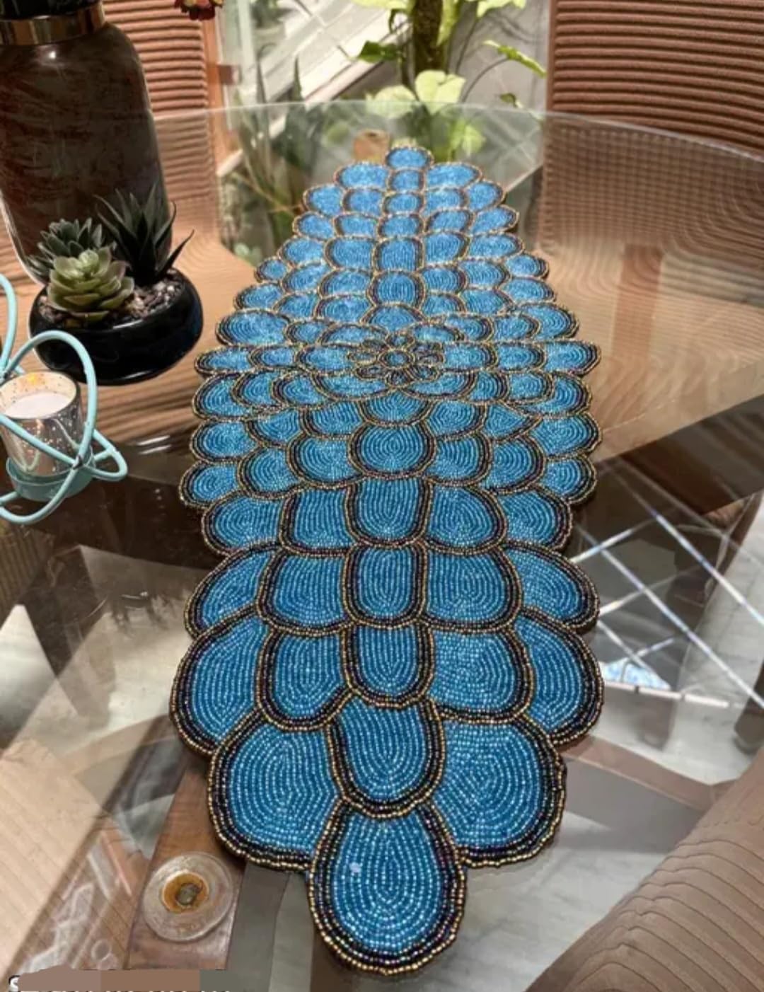 Beaded Table Runner, Blue Floral Dahlia Design, Handcrafted Seed Bead, Decorative Home Decor