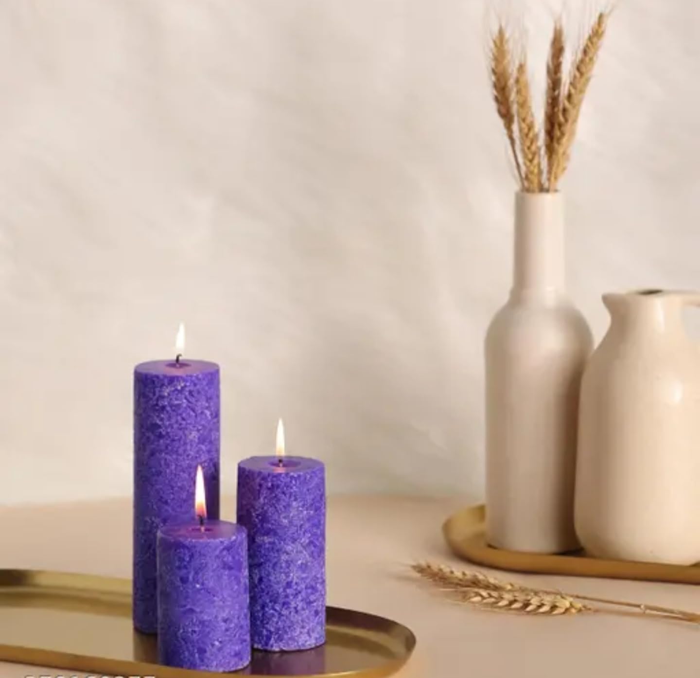 Rustic Purple Pillar Candles Set, 3 Graduated Sizes, Textured Finish