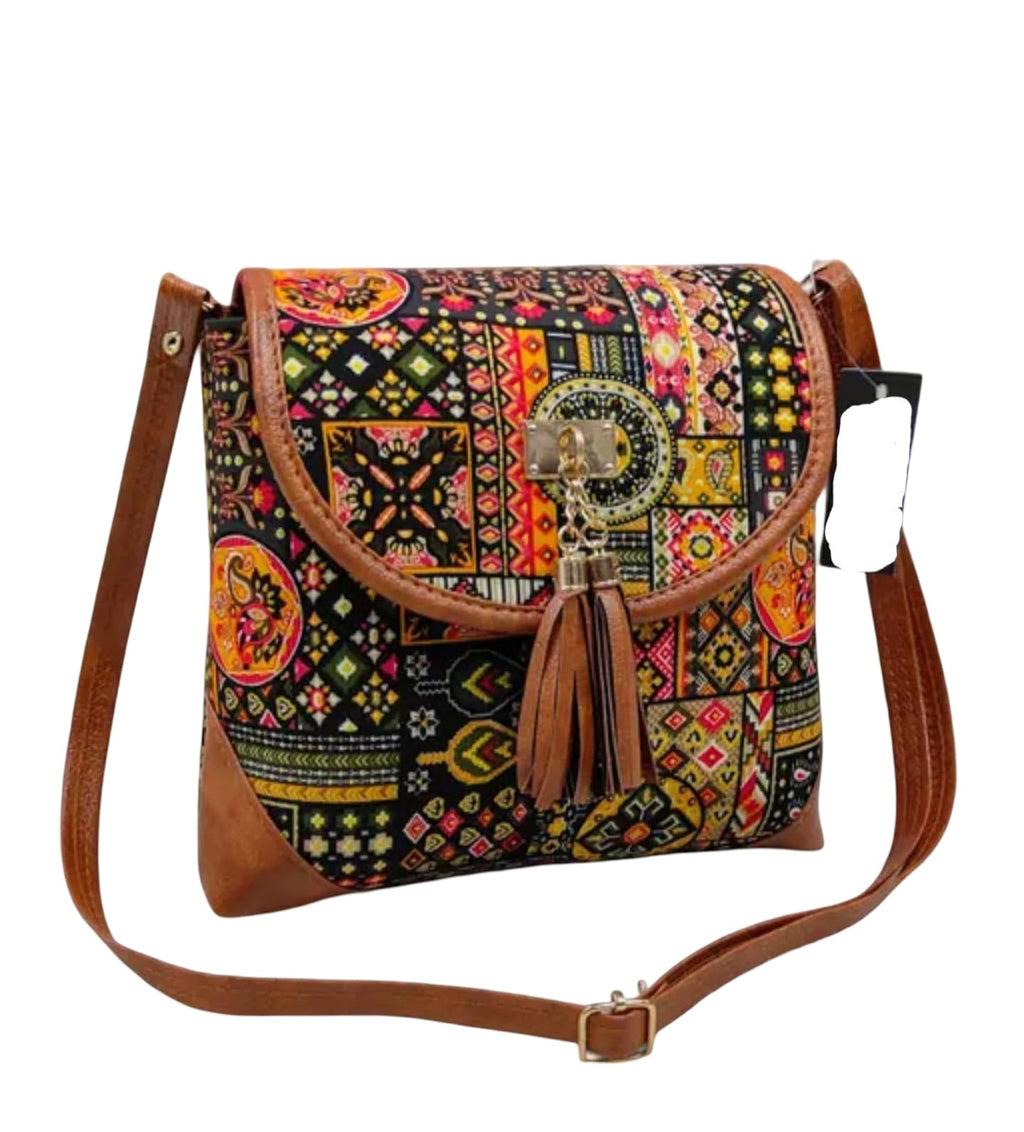 Bohemian Crossbody Bag, Vintage Patchwork Design with Tassel, Brown Leather Trim, Multicolour Pattern