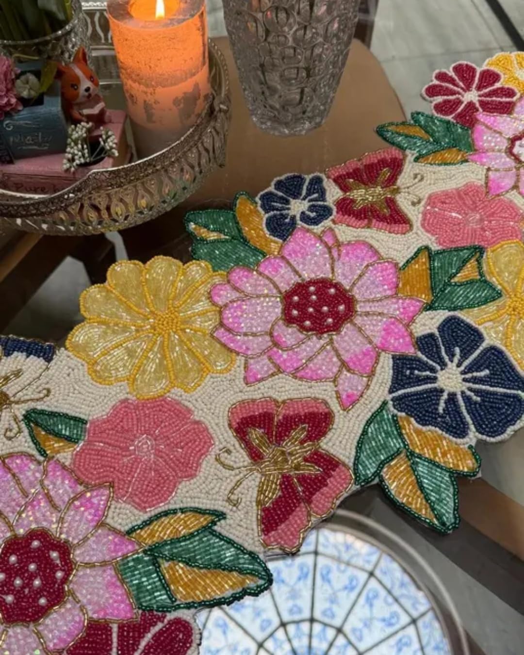 Beaded Floral Table Runner, Multicolor, Handcrafted Seed Bead, Botanical Garden Theme
