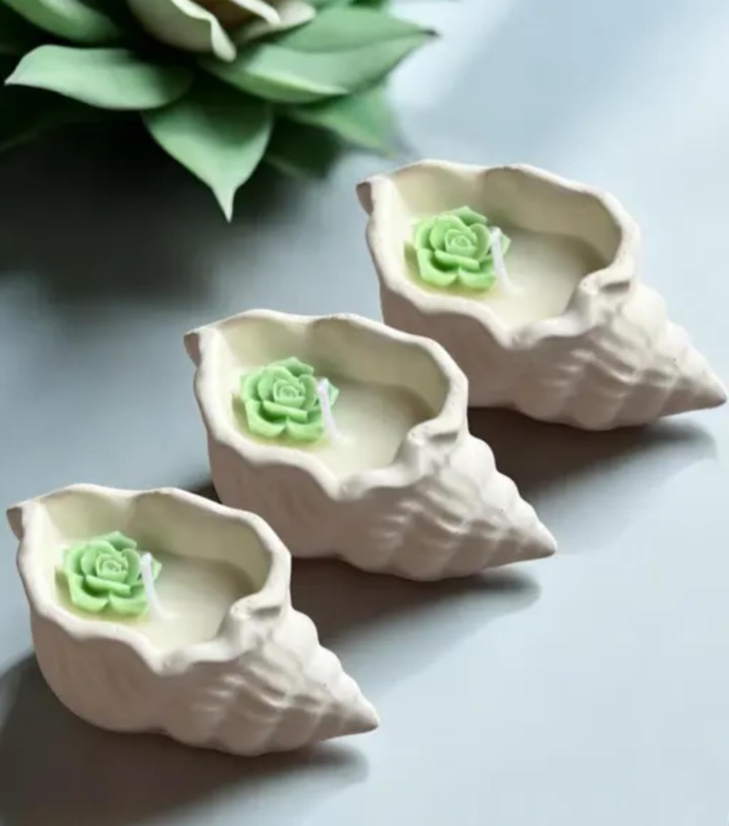 Sea theme candle,Decorative White Ceramic Seashell candle Trinket Dishes with Mint Green Rose Accent, Coastal Beach Theme, Set of 3