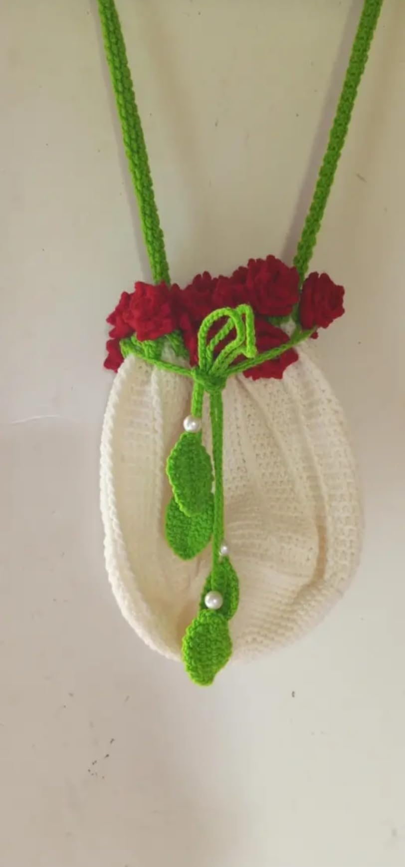 Handmade Crochet Crossbody Bag, Cream with Red Rose Floral Embellishment, Green Strap, Knit Drawstring Purse