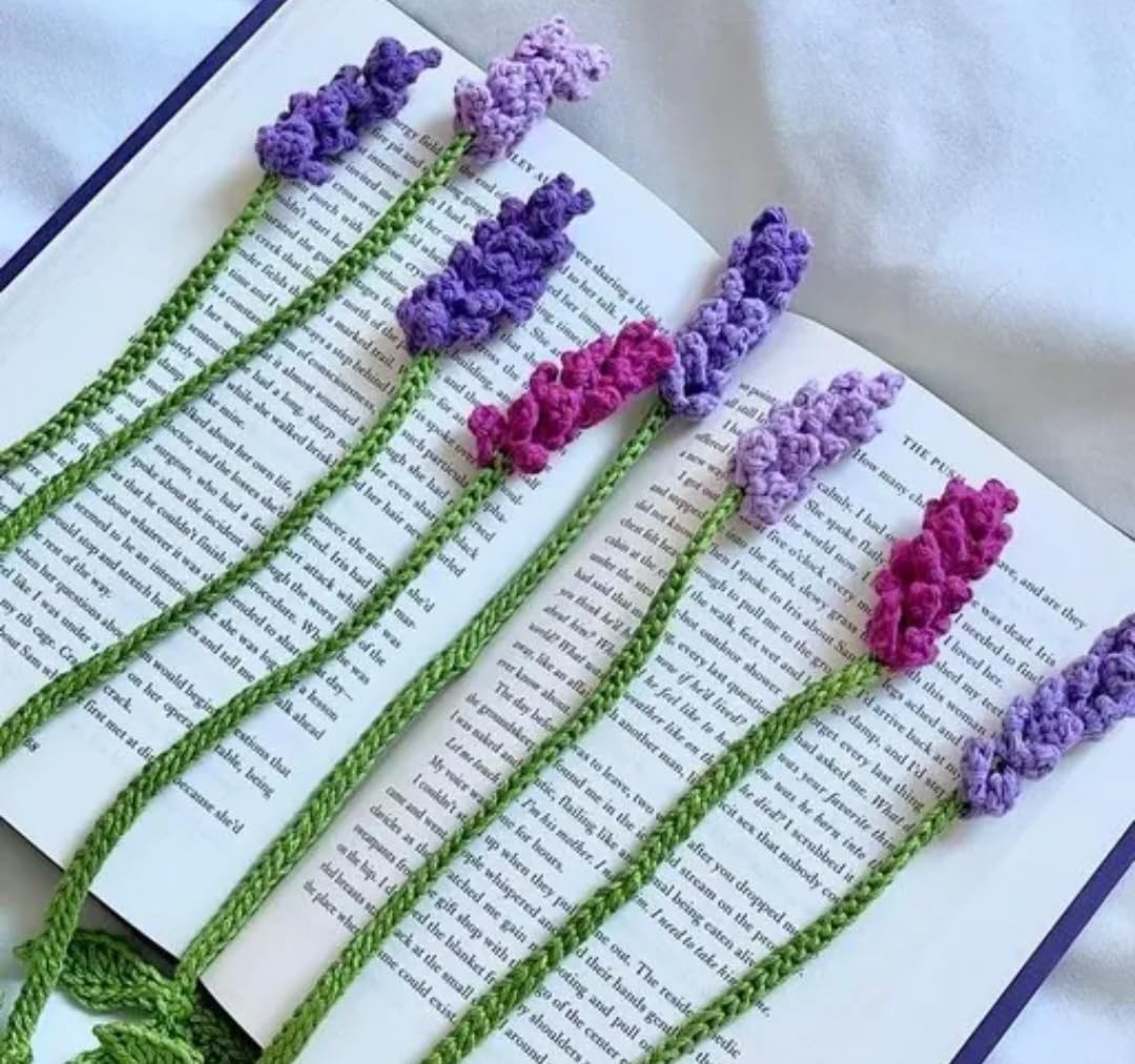 Crochet Lavender Flower Bookmark, Handmade Floral Design, Purple and Pink, Book Lover Gift, Set of 3