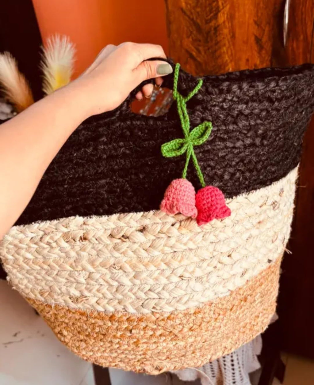 Handwoven Jute Storage Basket, Tricolor Black, Natural and Tan, Crochet Flower Accent