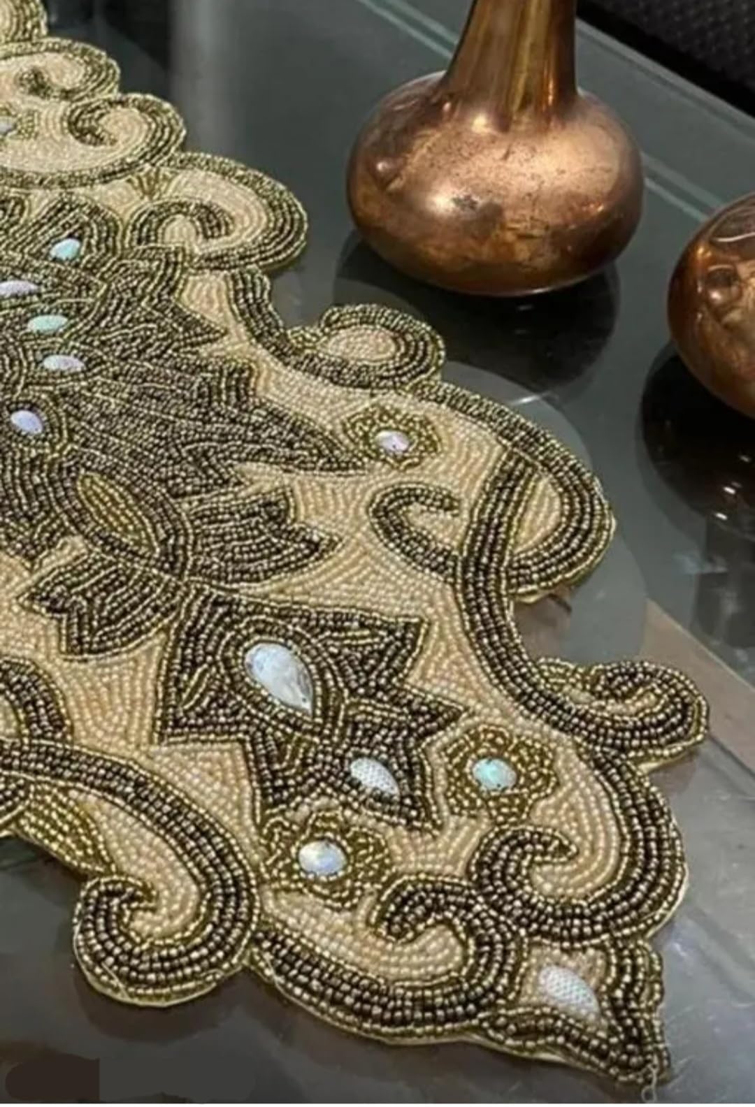 Beaded Table Runner, Gold, Ornate Scrollwork Design with Iridescent Gem Accents, Luxury Home Decor