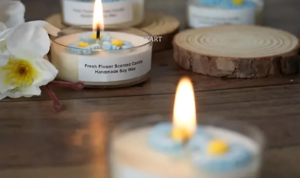 Daisy Flower Botanical Candle, Blue and White, Handmade Floral Design, Set of 4
