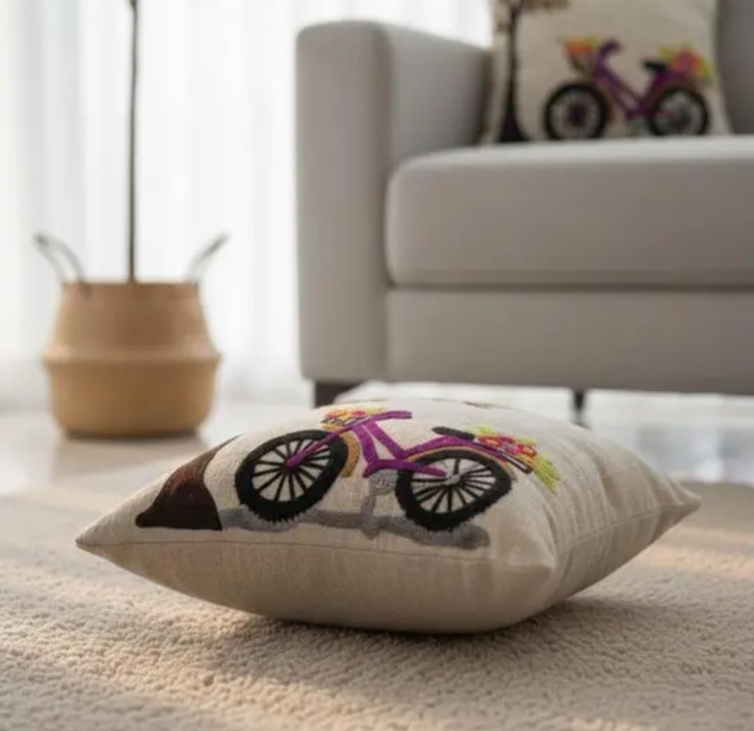 Handcrafted Embroidered Throw Pillow Cover, Bicycle with Flowers and Tree Design, Beige Linen, Decorative Cushion Cover