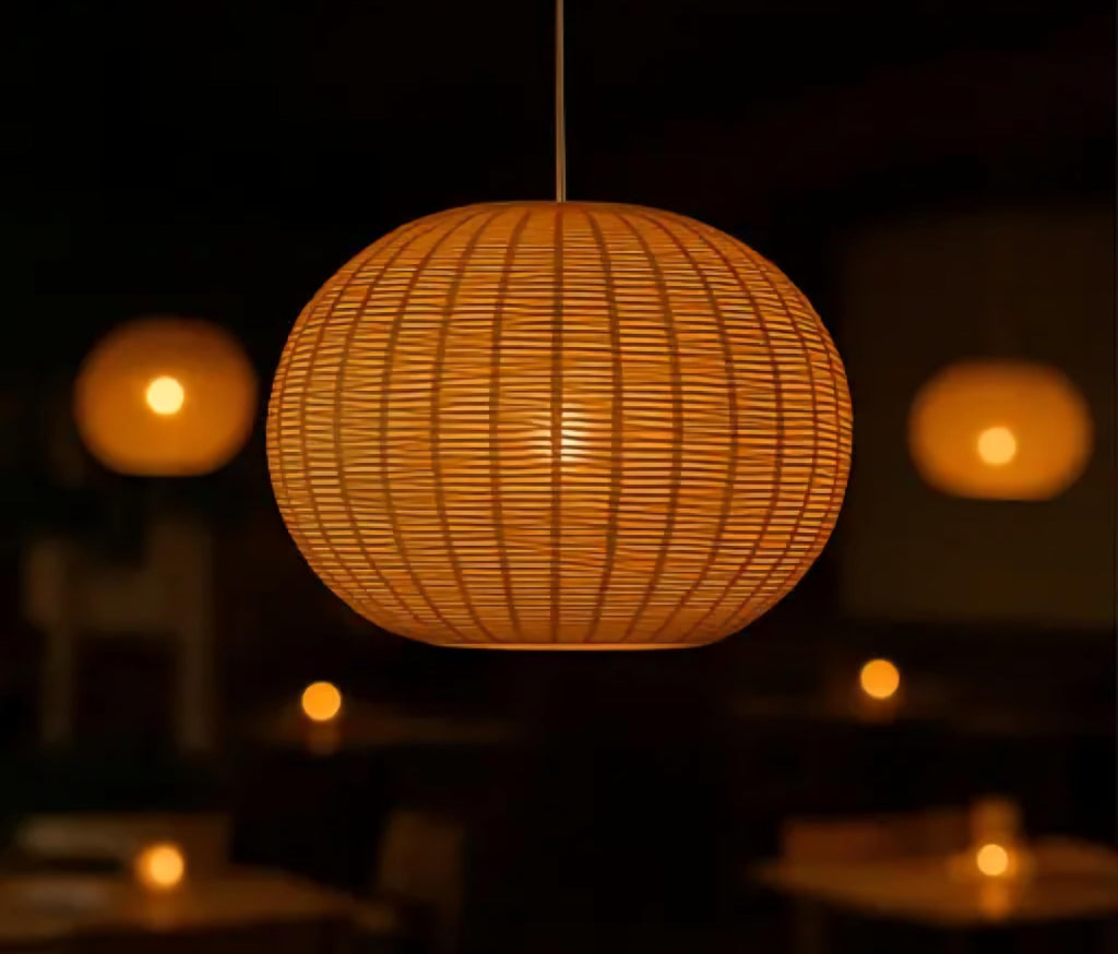 Paper Lantern Pendant Light, Orange, Round Globe Shape, Woven Texture Design, Hanging Ceiling Lamp