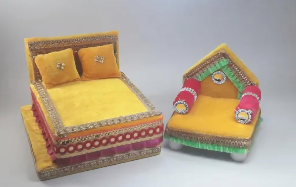 Miniature Decorative Bed and Sofa Set, Yellow, Handcrafted, Traditional Indian Style, Festive Decor