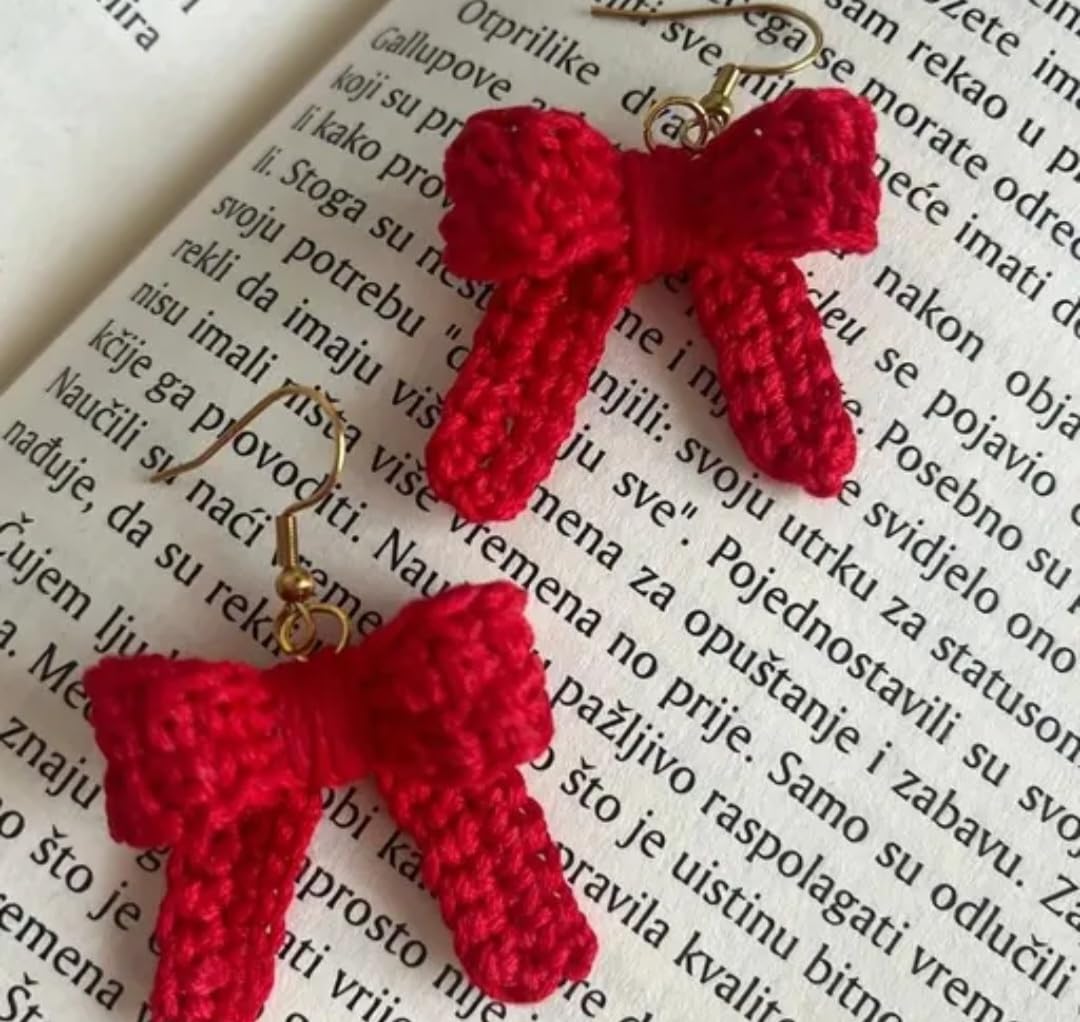 Handmade Crochet Cross Earrings, Red, Dangle Drop Style, Religious Christian Theme