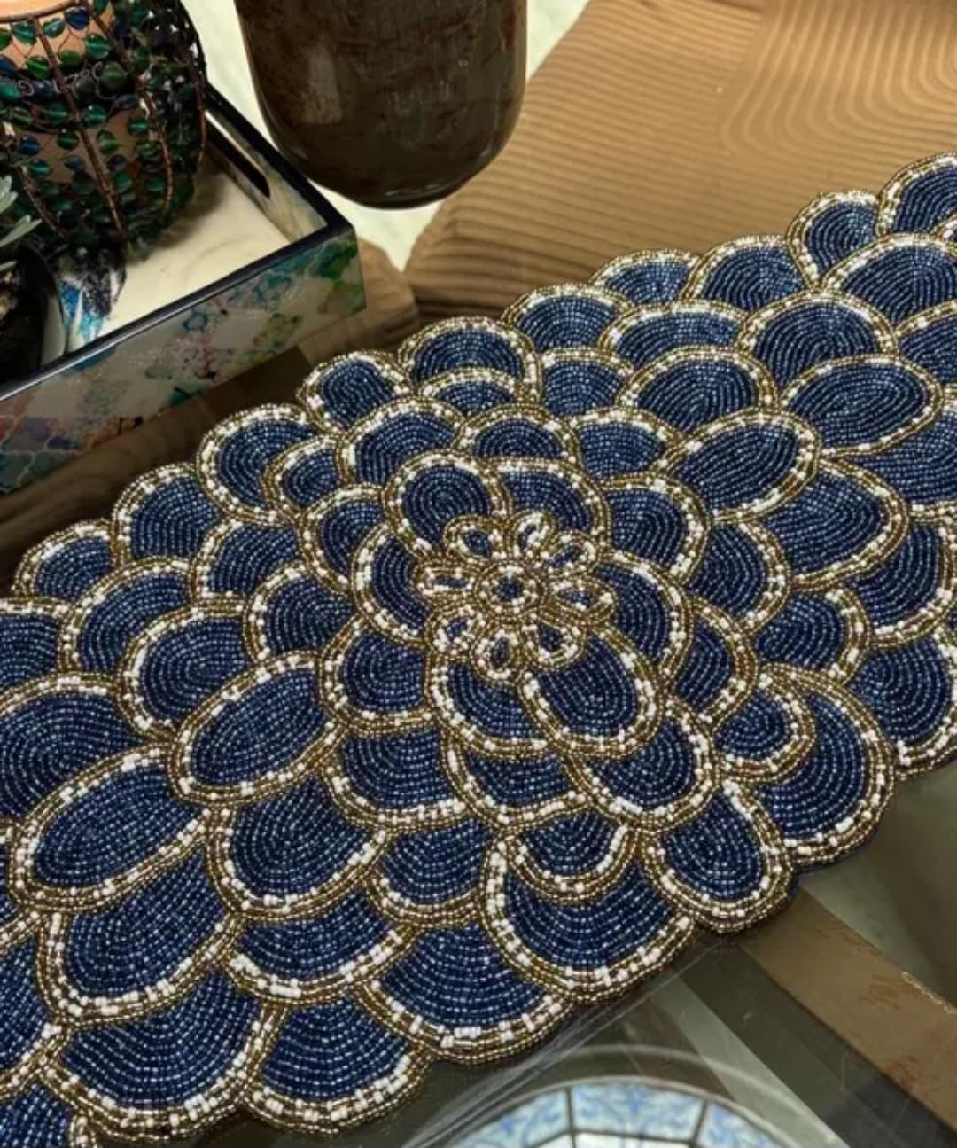 Beaded Table Runner, Navy Blue Floral Design, Handcrafted Glass Seed Beads, Decorative Home Accent