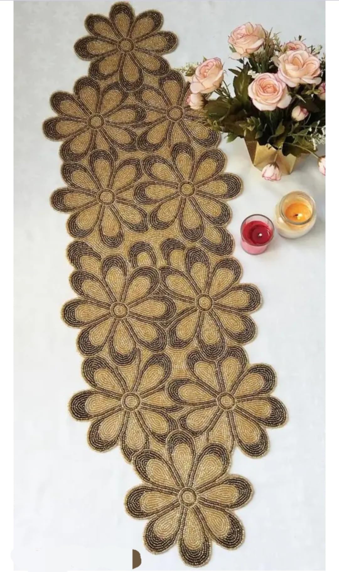 Beaded Table Runner, Floral Design, Gold and Brown, Handcrafted Decorative Home Decor