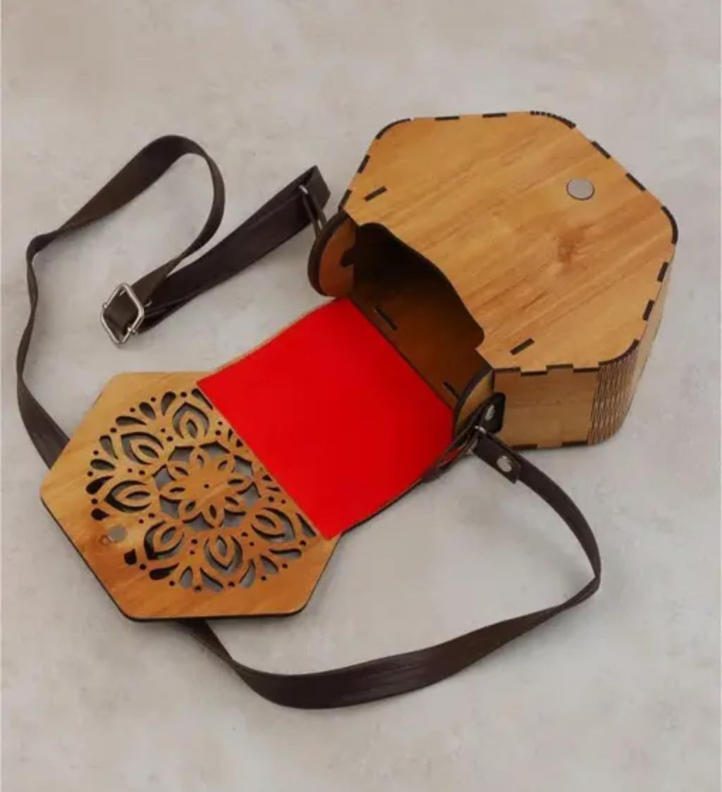 Wooden Crossbody Bag with Decorative Floral Cutout Pattern, Adjustable Strap, Yellow and Brown
