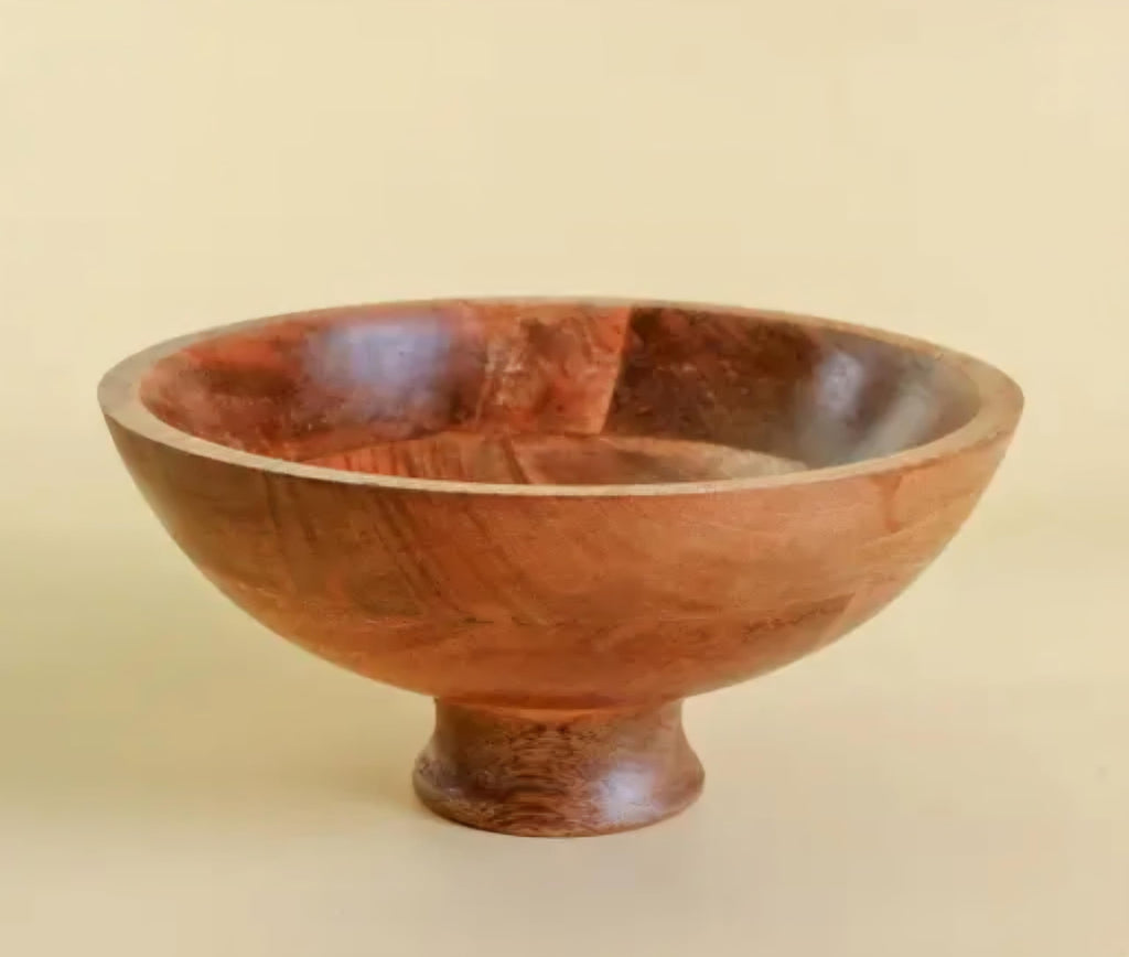 Wooden Fruit Bowl with Pedestal Base, Natural Wood Finish, Decorative Serving Display