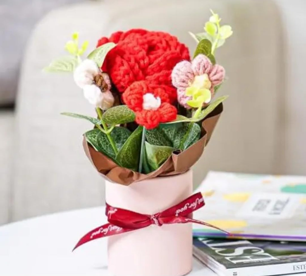 Handmade Crochet Flower Bouquet, Red Rose with Mixed Flowers, Knitted Floral Arrangement