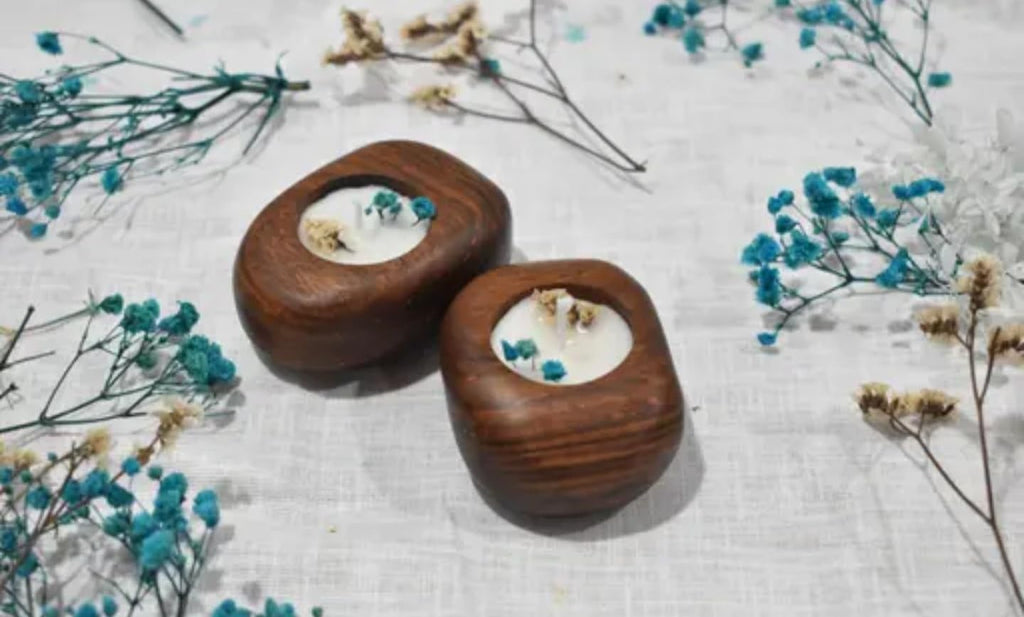 Handcrafted Wooden Tealight Candles, Dark Brown, Set of 2, Rustic Home Decor with Floral Arrangement