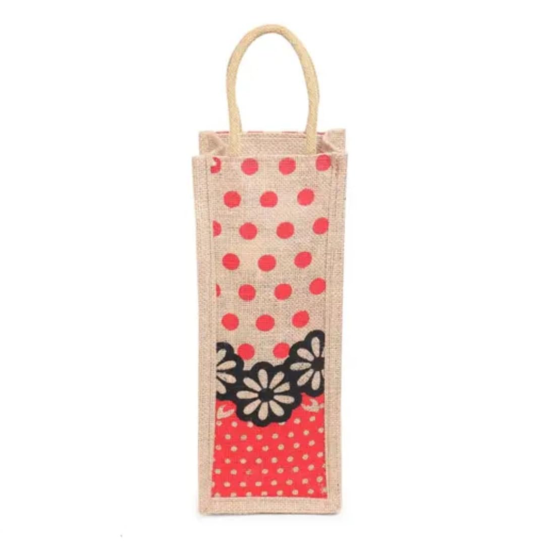 Jute Wine Bottle Bag, Set of 2, Printed Tote with Rope Handles, Gift Bag