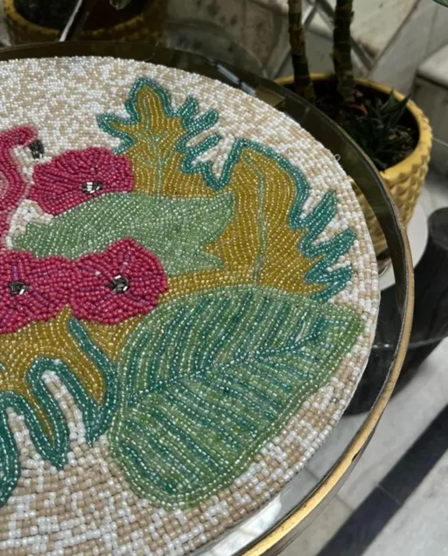 Handcrafted Beaded Placemat, Tropical Floral Design, Round Table Mat with Pink Flowers, Green Leaves, Turquoise Accents, White Pearl Base